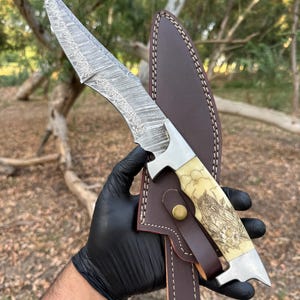 16.0" Custom Hand Forged Damascus Steel Bowie Hunting Knife - Steel Bolsters - Scrimshaw Handle , Gift for him