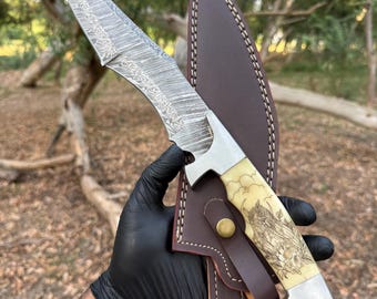 16.0" Custom Hand Forged Damascus Steel Bowie Hunting Knife - Steel Bolsters - Scrimshaw Handle , Gift for him
