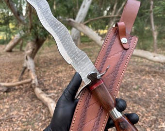 18" Hand-Forged Damascus Kris Blade Short Sword – Wood & Damascus Clip Handle
