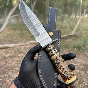 Custom Hand Forged Damascus Steel Bowie Knife – Burn Carved Camel Bone Handle