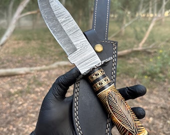 Custom Hand Forged Damascus Steel Bowie Knife – Burn Carved Camel Bone Handle