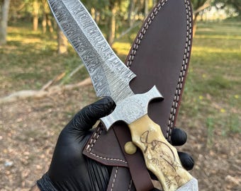 14.0" Custom Handmade Damascus Steel Bowie Dagger Hunting Knife - Chisel Engraved Steel Bolsters - Scrimshaw Handle , Gift for him