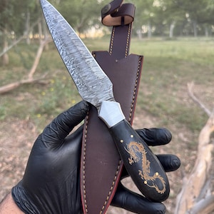 12.0" Custom Handmade Damascus Steel Bowie Dagger Hunting Knife - Steel Bolsters - Scrimshaw Handle , Gift for him