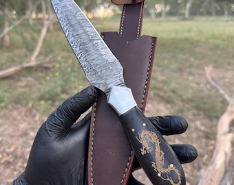 12.0" Custom Handmade Damascus Steel Bowie Dagger Hunting Knife - Steel Bolsters - Scrimshaw Handle , Gift for him
