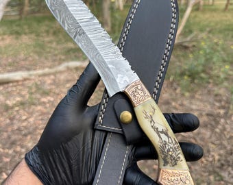 12.5" Custom Handmade Damascus Steel Bowie Hunting Knife - Chisel Engraved Copper Bolsters - Scrimshaw Handle , Gift for him