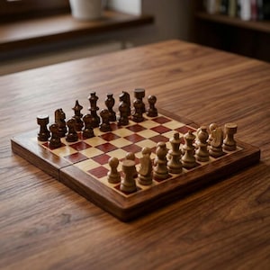Könnte beinhalten: Ein hölzernes Schachspiel mit dunkelbraunen und hellbraunen Figuren auf einem karierten Brett. Das Brett ist mit dunklem Holz umrandet und steht auf einem Holztisch. Die Schachfiguren befinden sich in ihren Ausgangspositionen.