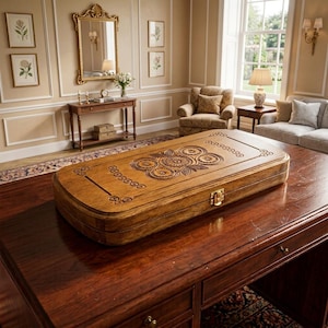 May include: A rectangular wooden game board case with a natural wood grain finish, featuring intricate floral carvings on the top surface and a gold-toned metal latch closure on the front edge, resting on a dark polished wooden desk surface.