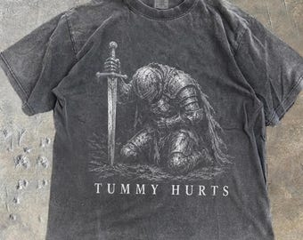 Tummy Hurts Knight Shirt, Funny Dark Fantasy Graphic Tee, Ironic Meme T-Shirt, Gamer Girl Gift, Retro Elden Knight Top, Comfort Colors Tee