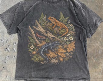 T-shirt vintage à motif salamandre, chemise aux couleurs confortables et botaniques des bois
