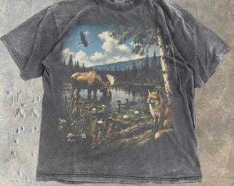 T-shirt vintage à motif faune sauvage, orignal des forêts du Nord, renard du lac style cottagecore, coupe oversize, couleurs confortables, cadeau cottagecore, vêtements d'extérieur