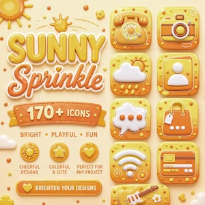 May include: A collection of 170+ bright and playful icons in shades of yellow and orange. The icons include a telephone, camera, cloud, person, speech bubble, shopping bag, sun, star, heart, Wi-Fi symbol, credit card, and guitar. Text includes "SUNNY Sprinkle" and "BRIGHTEN YOUR DESIGNS."