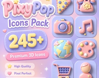 Paquete de iconos PixyPop: más de 245 iconos de aplicaciones Kawaii en tonos pastel para iOS y Android.