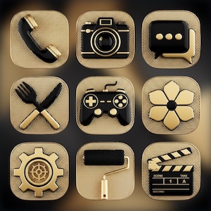 Op de afbeelding: Negen goudkleurige, vierkante pictogrammen met een getextureerde achtergrond. De pictogrammen tonen een telefoon, camera, chatbubbel, gekruiste vork en mes, gamecontroller, bloem, tandwiel, verfroller en filmklapper.
