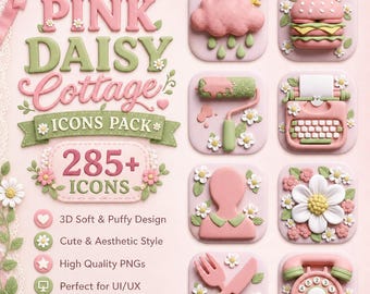 Paquete de iconos Pink Daisy Cottage, más de 285 iconos para aplicaciones iOS y Android.