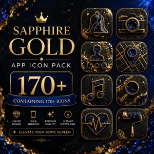 May include: A digital app icon pack titled Sapphire Gold featuring over 170 icons. The design showcases a dark blue and black theme with gold accents and textured sapphire-like details. Icons include a bell, camera, user, map pin, music note, magnifying glass, heart rate, and paint roller.