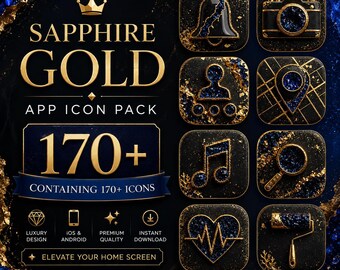 Paquete de iconos de aplicaciones en oro zafiro / Más de 170 iconos de lujo en oro negro para temas oscuros
