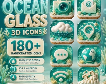Paquete de iconos 3D Ocean Glass: más de 180 iconos de aplicaciones con temática de cristal submarino para pantallas de inicio costeras.