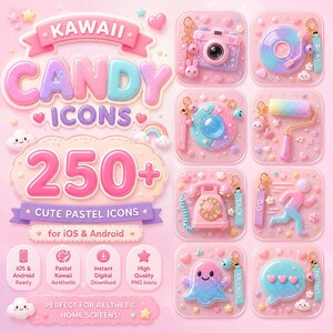May include: A collection of pastel-colored "Kawaii Candy Icons" for iOS and Android, featuring a camera, record, phone, and other cute designs. The image includes the text "250+ Cute Pastel Icons" and "Perfect for Aesthetic Home Screens!"