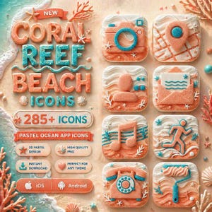 May include: A collection of pastel-colored app icons with a coral reef and beach theme. The icons include a camera, map pin, person, envelope, musical notes, running figure, telephone, and paint roller. The image also includes the text "CORAL REEF BEACH ICONS" and "285+ ICONS".