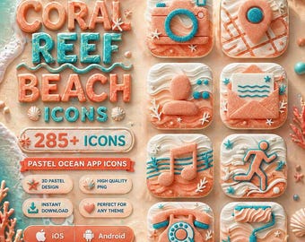 Paquete de iconos de playa de arrecifes de coral: 285 iconos de aplicaciones de océano en tonos pastel / Dulces costeros de verano Kawaii