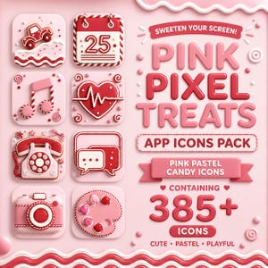 May include: A collection of pink and red app icons, including a car, calendar, musical note, heart, telephone, speech bubble, camera, and palette. The text reads "PINK PIXEL TREATS" and "APP ICONS PACK". The icons are cute, pastel, and playful.