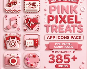 Paquete de iconos de aplicaciones Pink Pixel Treats: más de 385 iconos de dulces pastel rosas para iOS y Android.