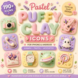 Könnte beinhalten: Eine digitale Sammlung von über 190 pastellfarbenen, aufgeblähten Ton-Icons für iPhone und Android mit 3D-Designs von Kamera, Gitarre, Telefon, Umschlag, Uhr, Planet und Pinterest-Logo, verziert mit Blumen- und Schmetterlingsakzenten.