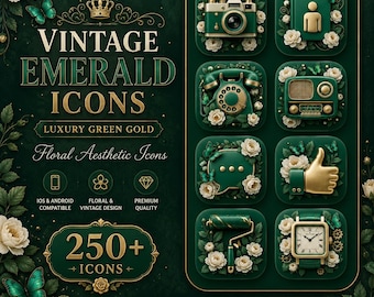 Paquete de iconos Vintage Emerald / Más de 250 iconos de aplicaciones botánicas de lujo en verde y dorado