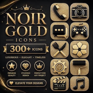 Könnte beinhalten: Eine Sammlung goldener und schwarzer Icons mit luxuriösem Design. Das Bild zeigt verschiedene Icons, darunter Telefon, Kamera, Sprechblase, Gamecontroller, Gabel und Messer, Blume, Zahnrad, Farbroller, Filmklappe und Musiknote. Der Text lautet "NOIR GOLD ICONS 300+ ICONS".