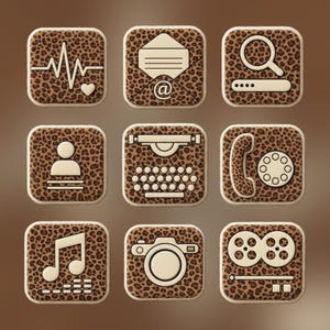 May include: Nine square-shaped icons with a leopard print background and white outlines. The icons feature various symbols, including a heartbeat, envelope, magnifying glass, person, typewriter, telephone, musical note, camera, and film reel.