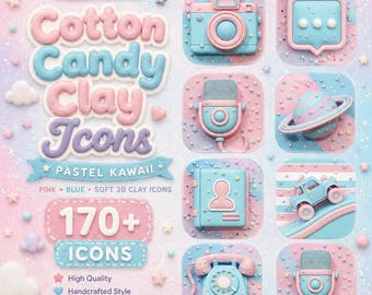 Íconos de arcilla de algodón de azúcar: 170 íconos de arcilla 3D suaves, de color rosa y azul pastel kawaii