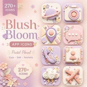 Könnte beinhalten: Eine Sammlung pastellfarbener App-Icons mit floralen Akzenten. Die Icons zeigen eine Kamera, einen Planeten, eine Kartenmarkierung, eine Sprechblase, ein Telefon, ein Adressbuch, eine Wolke mit Blitz und ein Flugzeug. Der Text "Blush Bloom" und "Pastel Floral" ist ebenfalls sichtbar.