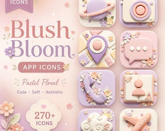 Iconos de aplicaciones Blush Bloom: paquete de más de 270 iconos florales en tonos pastel para iOS y Android, tema primaveral.