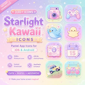 Peut inclure: Une collection numérique de plus de 330 icônes Starlight Kawaii pour iOS et Android aux couleurs pastel. Le graphique présente divers designs d'icônes d'applications, notamment un appareil photo, une manette, un oiseau, un fantôme, un calendrier et un autoradio.