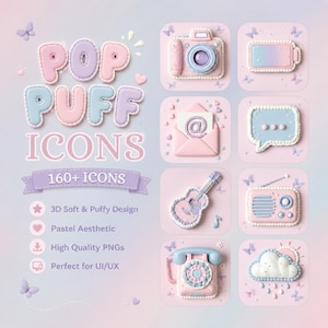 May include: A pastel-colored graphic design featuring the text "POP PUFF ICONS" and "160+ ICONS". The image showcases various soft, puffy icons, including a camera, battery, envelope, speech bubble, guitar, radio, telephone, and cloud.