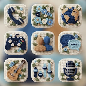 Puede incluir: Colección de nueve cuadrados de ganchillo, cada uno con un diseño diferente. Los diseños incluyen un teléfono, flores, un globo terráqueo, un mando de videojuegos, dos figuras, bocadillos de diálogo, una guitarra, controles de audio y un micrófono. Cada cuadrado está bordeado con detalles florales.