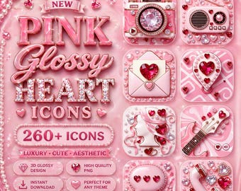 Iconos de aplicaciones con forma de corazón rosa brillante: más de 260 iconos de interfaz de usuario 3D de lujo con efecto rubor (descarga digital).