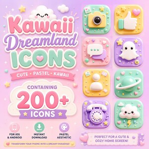 May include: A digital art graphic featuring pastel-colored app icons with a kawaii theme. The image includes the text "Kawaii Dreamland Icons" and "Containing 200+ Icons". The icons include a camera, a thumbs-up, a speech bubble, a ghost, a person, a planet, a telephone, and a cloud.