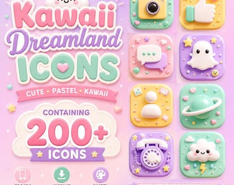 Paquete de iconos Kawaii Dreamland / Más de 200 iconos de aplicaciones 3D de colores pastel para iPhone y Android