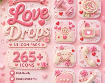 Paquete de iconos Love Drops UI: más de 265 iconos rosas kawaii para iOS y Android.