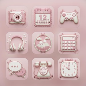 May include: A collection of nine pink and white icons, including a camera, calendar showing October 12, a game controller, headphones, a mountain scene, a calculator, speech bubbles, a rotary phone, and a clock.