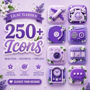 May include: A digital graphic showcasing over 250 lilac-themed icons, including a telephone, airplane, radio, camera, film reel, clock, and speech bubble. The text reads "Lilac Garden" and "Elevate Your Designs."