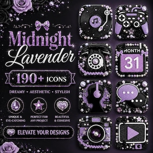 Pode incluir: Um conjunto de ícones pretos e lavanda com um efeito brilhante. Os ícones retratam um toca-discos, um controle de jogo, um telefone, um calendário, fones de ouvido, um balão de fala, uma câmera e um botão de reprodução. O texto diz "Midnight Lavender" e "190+ Icons".