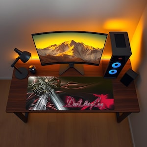 May include: A gaming setup featuring a curved monitor, a black computer tower with blue lights, and a mouse. A large rectangular mousepad with a character illustration and the text "Devil May Cry" is centered on the desk.