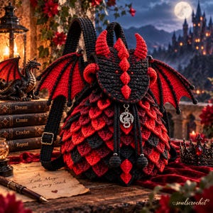 May include: A black and red crocheted dragon backpack featuring textured scale-like layers, two prominent horns, and large wing-shaped side panels. The bag includes a silver dragon charm on the drawstring closure and adjustable black shoulder straps.