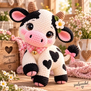 May include: A crocheted cow plush toy with white and black fur, featuring heart-shaped black spots, tan horns, a pink gingham neck scarf with a gold bell, and a small white flower accessory. The cow has large brown eyes and pink cheeks.