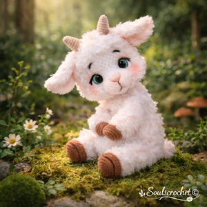 Puede incluir: Una cabra blanca de peluche hecha a mano con pezuñas y cuernos marrones y grandes ojos verde azulado. La cabra está sentada sobre musgo, rodeada de vegetación. El texto "Soulscrochet" está en la esquina inferior derecha.