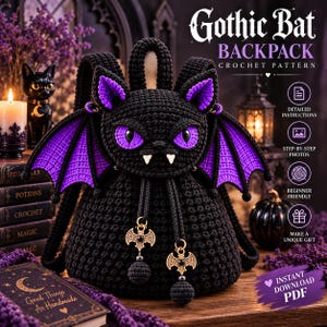 May include: A black crochet backpack shaped like a bat with purple inner ears and wing accents. The bag features two white fangs, purple eyes, and two drawstring cords ending in gold bat charms and black spheres. Text reads Gothic Bat Backpack.