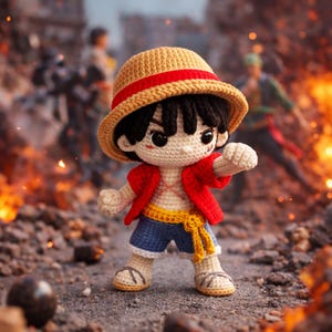 May include: A crocheted Luffy doll, wearing a straw hat with a red band, a red jacket, blue shorts, and sandals. The doll has black hair and is posed dynamically. The background shows a blurred, fiery scene.
