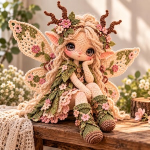 Puede incluir: Una muñeca hada de ganchillo hecha a mano con largo cabello rubio, orejas puntiagudas y grandes ojos oscuros. La muñeca viste un vestido con patrón de hojas verdes, botas a juego con pequeñas flores rosas y botones marrones, y una diadema.